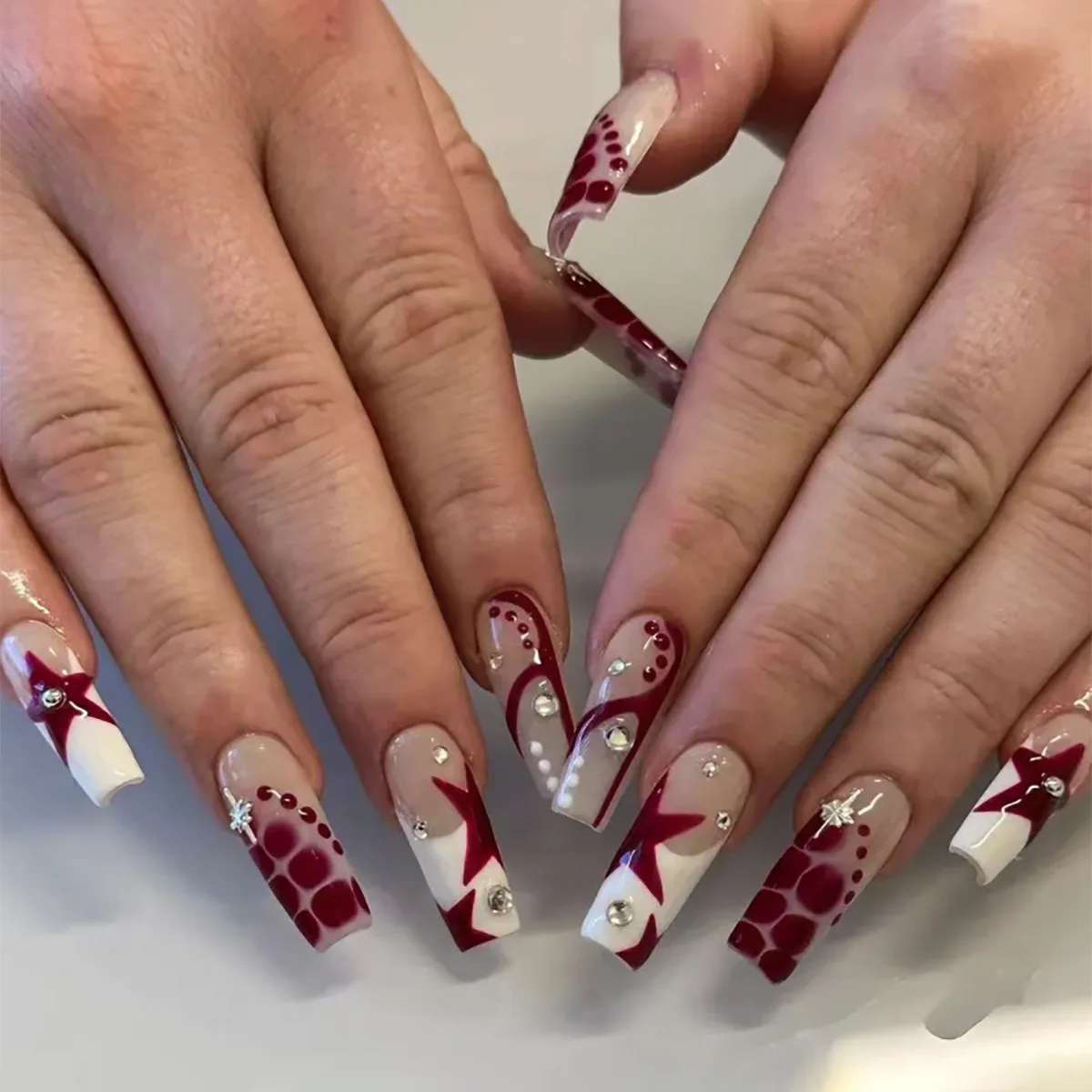 Elegant Burgundy and White Nail Art