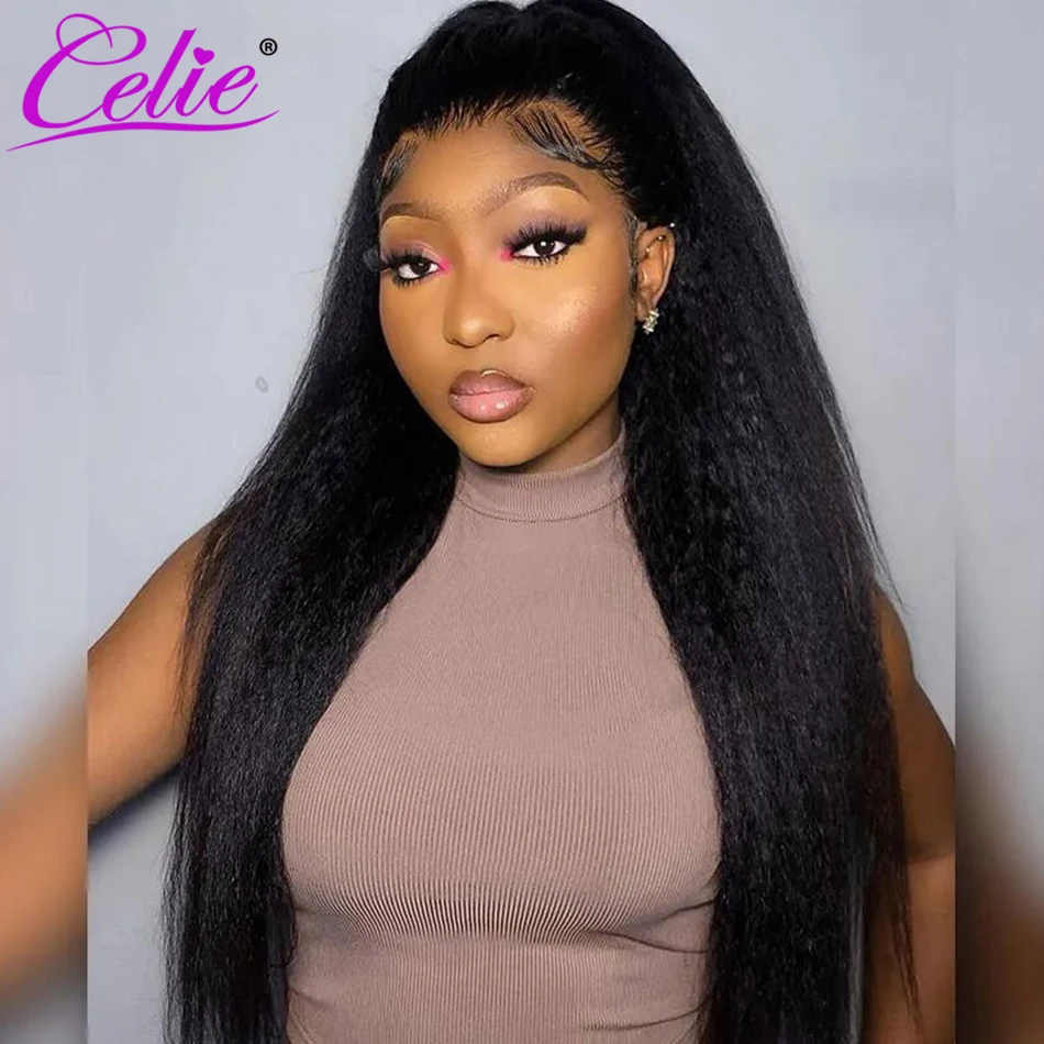 Celie Yaki 360 Glueless Lace Frontal Wig Invisible-Drawstring 200 Density Pre Plucked Kinky Straight Human Hair Lace Wigs lace front wig human hair wigs 360 lace wig