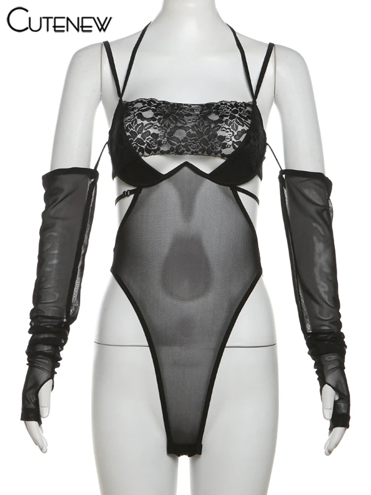 Body de malla para mujer, sexy, coqueto, transparente, con tirantes, sin espalda, ajustado, para discoteca, color medianoche