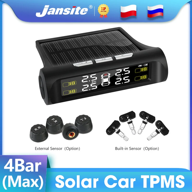 Jansite Car TPMS Tire Pressure Monitoring System Solar Charging Auto Alarm System HD Digital LCD Display Wireless With 4 Sensor car tire pressure monitor