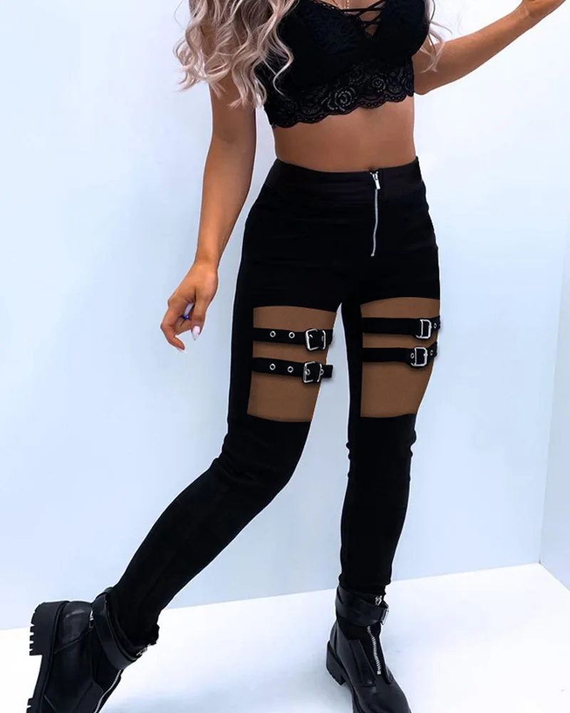 Summer Pants Women\'s Night Out Skinny Trousers Fashion Eyelet Buckled Semi-Sheer Sheer Mesh Patchwork Zipper Design Sweatpants