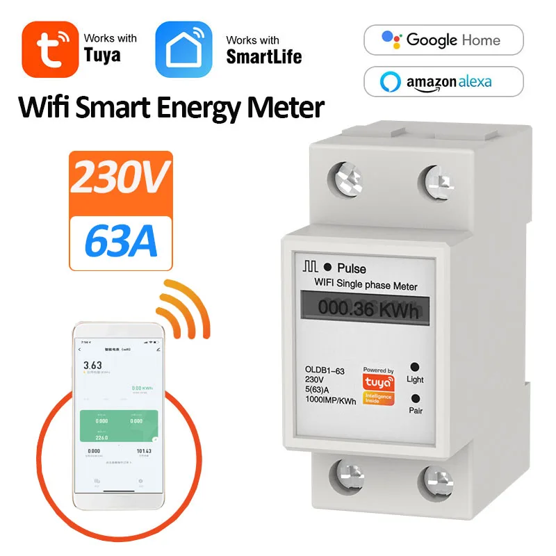 

Индикатор напряжения и силы тока Tuya с Wi-Fi, 230 В переменного тока, 63 А