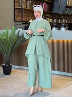 Ensemble Deux Pièces pour Femme Musulmane, Haut avec Ceinture, Pantalon à Jambes Larges, Trempé, Ramadan, Maroc, Dubaï, Islam, Décontracté, Tenue Arabe 2