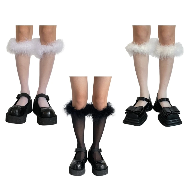 

Women Girls Silky Thin Knee High Socks Japanese Preppy Sweet Furry Faux Feather Trim Cosplay Calf Stockings 37JB