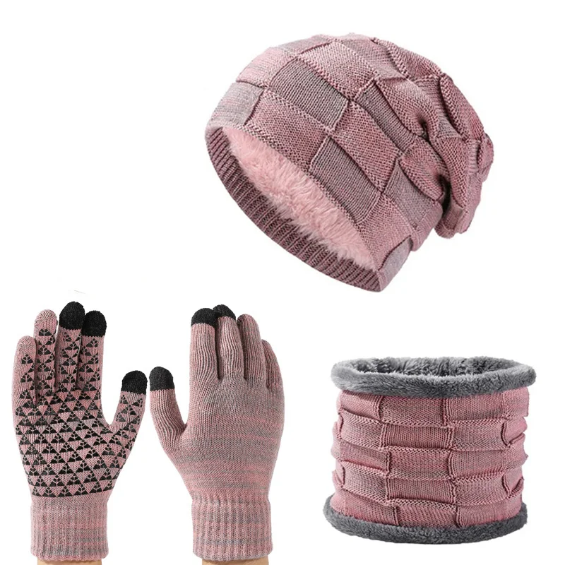 Unisex Autumn Winter Warm Soft Fleece-lined Knitted Hat Scarves Touch Screen Gloves 3-Piece Set