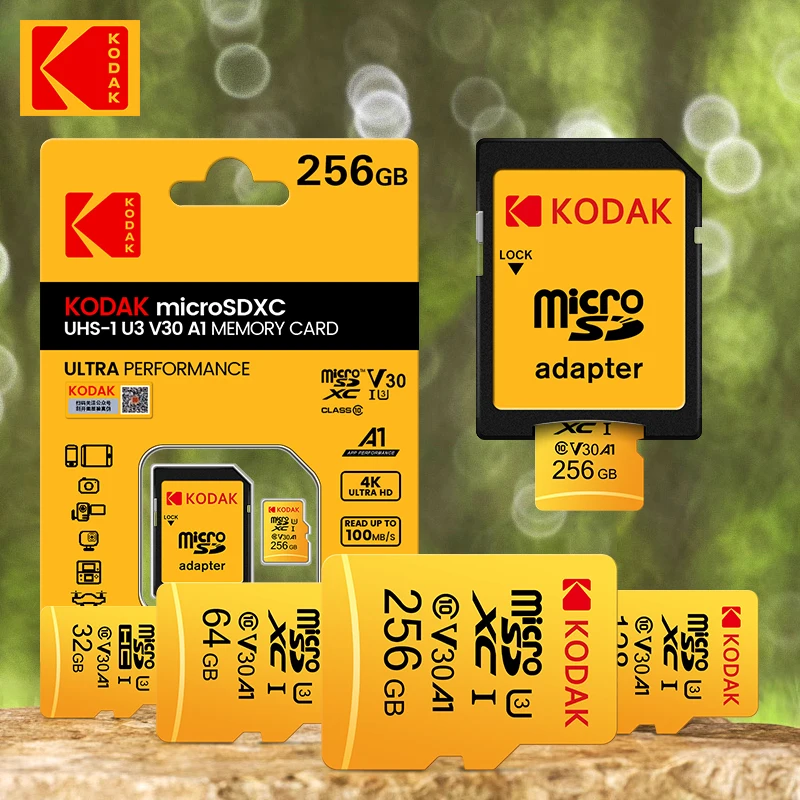 

Micro SD карта памяти KODAK, 256 ГБ, 128 ГБ, 64 ГБ, 32 ГБ, TF V30, U3, 100 Мб/с