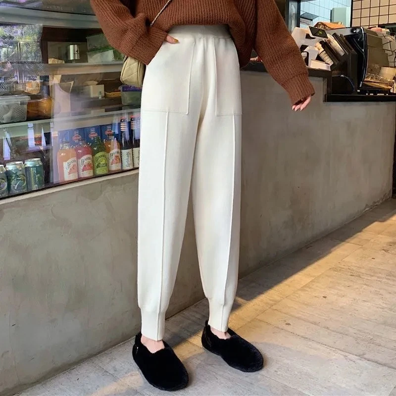 Autumn Winter Black Casual Knitted Trousers Loose Thickened Elastic Net Red Nine Points Harun Small Feet Pants Woman Clothing