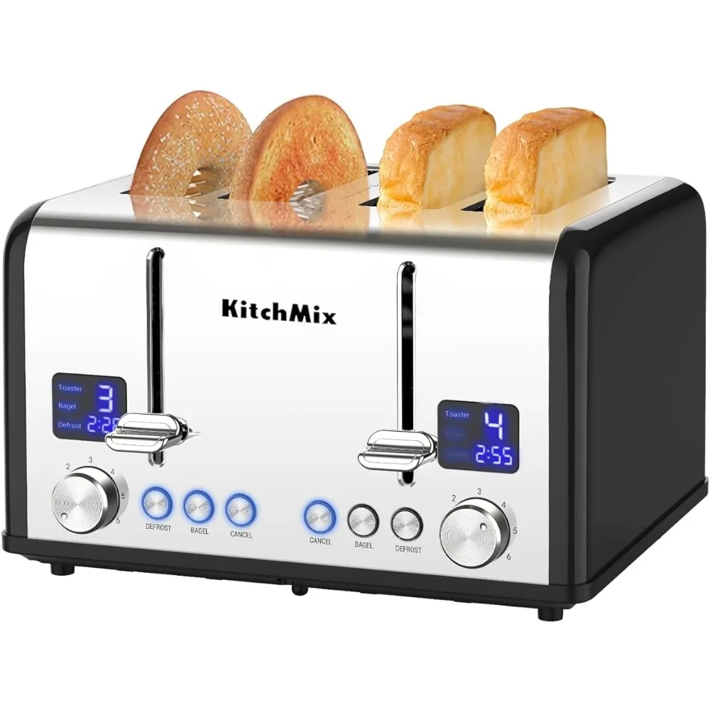 

Toaster 4 Slice, KitchMix Bagel Stainless Toaster with LCD Timer, Extra Wide Slots, Dual Screen, Removal Crumb Tray (Black)