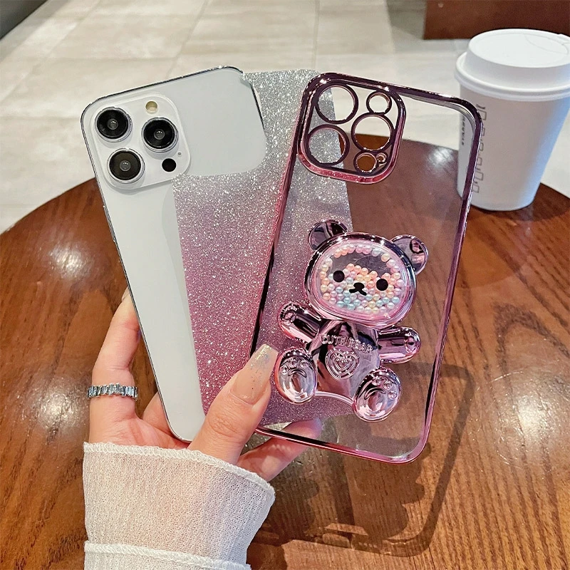 Note13 Glitter Bright Plating Bear Holder Case On For Xiaomi Redmi Note 13 Pro 4g 5g 13pro Plus 12 12s 13c Silicone Stand Cover_voghion.com