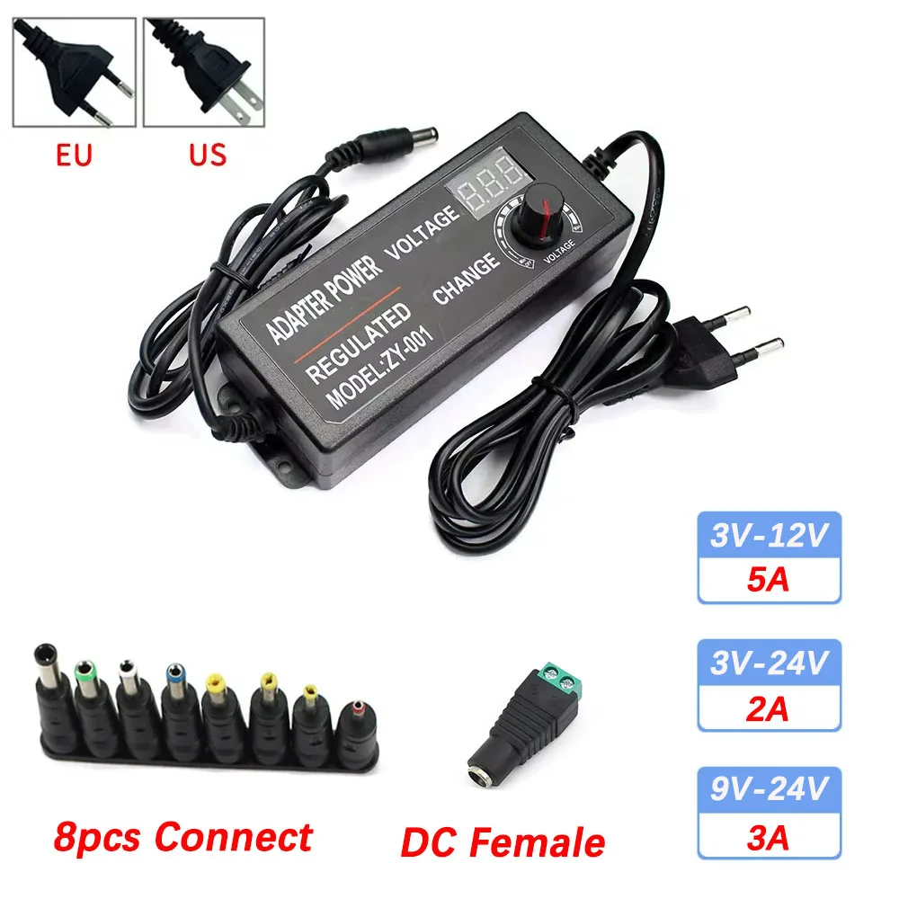 Adjustable Power Supply Adapter  AC To DC 3V 12V 3V 24V 9V 24V 2A 3A 5A Universal Adapter with Display Screen Voltage Regulated 1