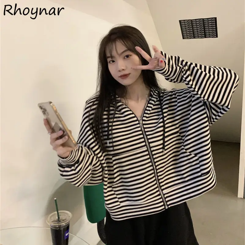 

Hoodies Women Striped Retro Simple Cropped All-match Fashion Casual Young Loose Spring Girlish Толстовка Korean Style Cozy Chic