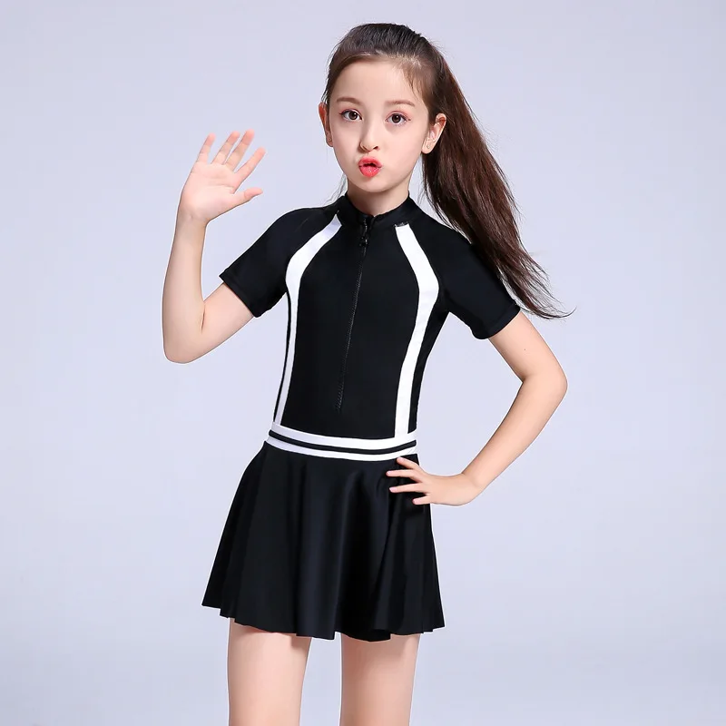 Conservative Front Zipper Girls Swimwear With Skirt Kids Swimsuit For Girls  Teen Short Sleeve Bathing Suit Fatos De Banho Menina - Children One-piece  Suits - AliExpress