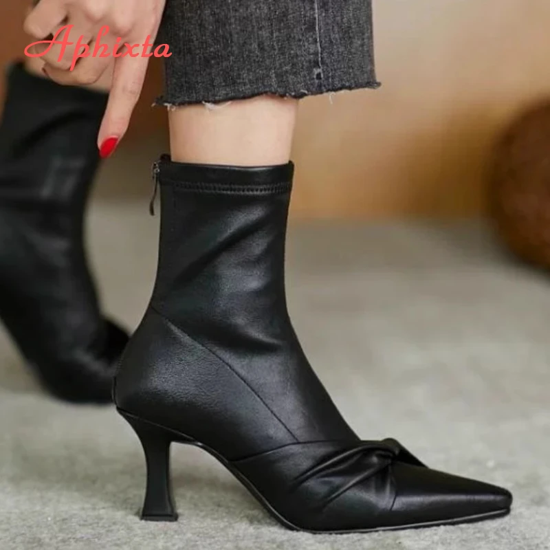 Aphixta High Heels Pointed Toe Ankle Boots Women Big Size 42 Black Boots Shoes Elegant Shoes for Woman Botines Para Mujeres