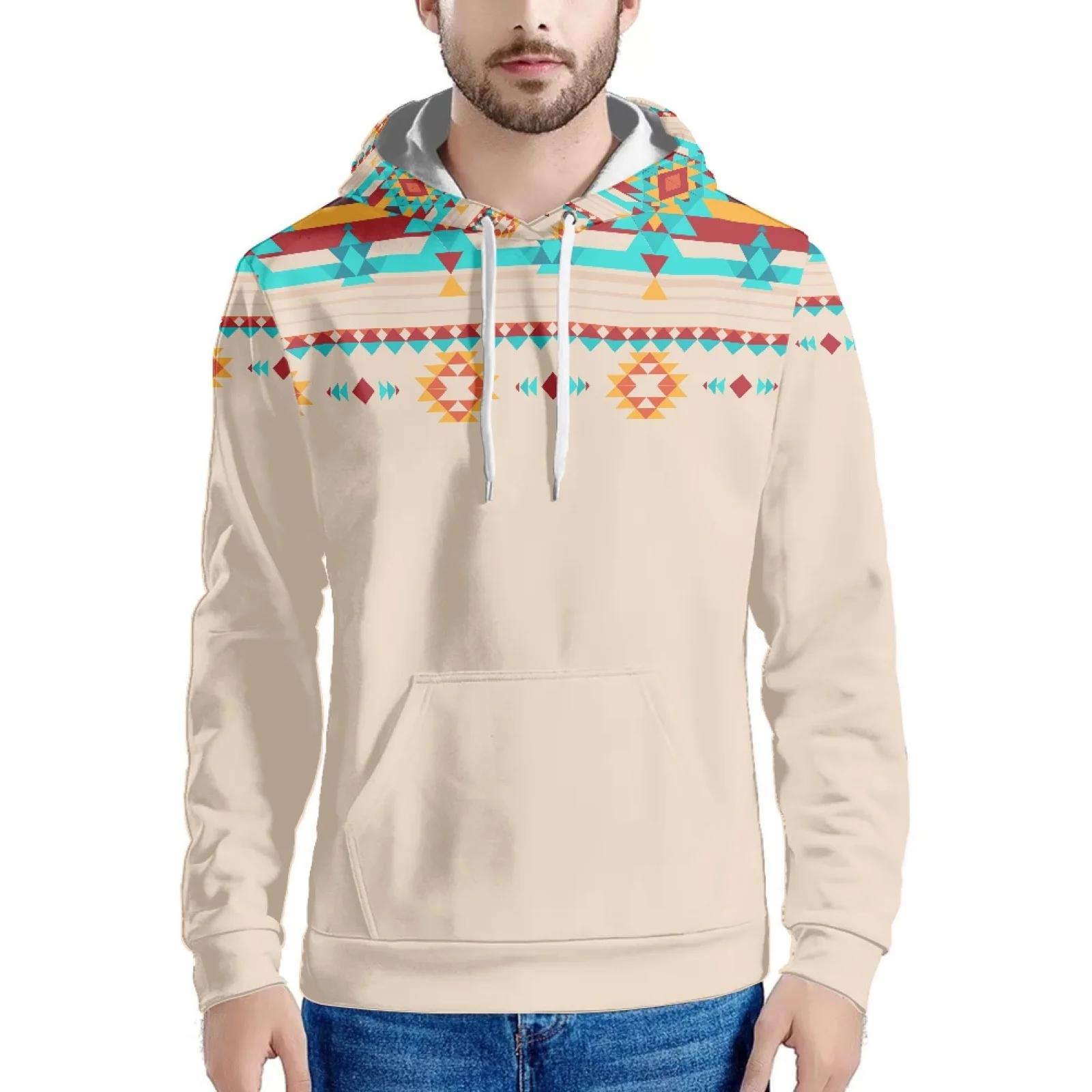 

White Totem Print Indian Tribal Style Fashion Hoodie Sweatshirt Long Sleeve Hoodie Slim Men's Hoodie Autumn And Winter Style