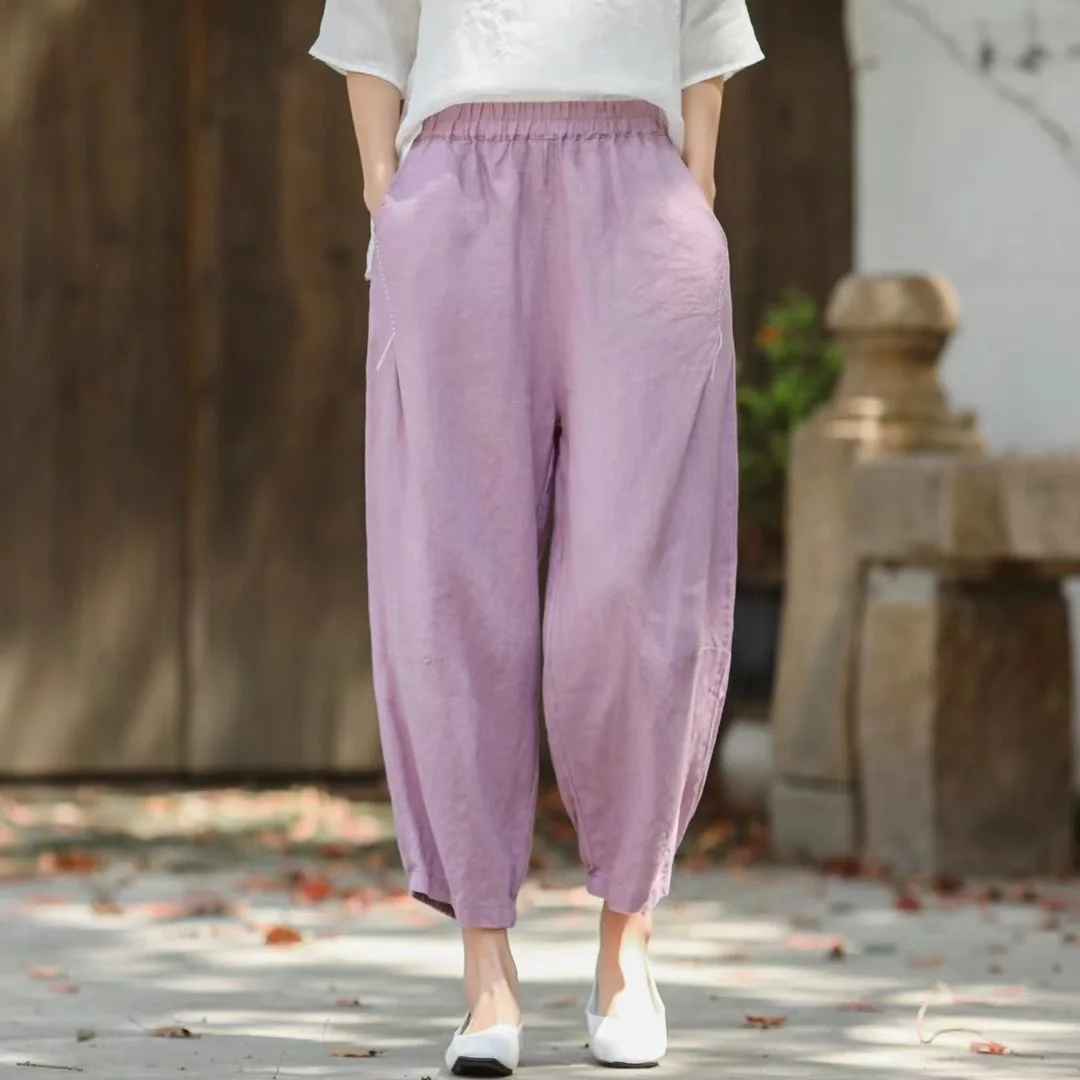 Women Linen Pants Ladies Elastic Waist Flax Pants Female Solid Color Embroidered Linen Trousers Summer Calf Length Pants FT91 denim capris