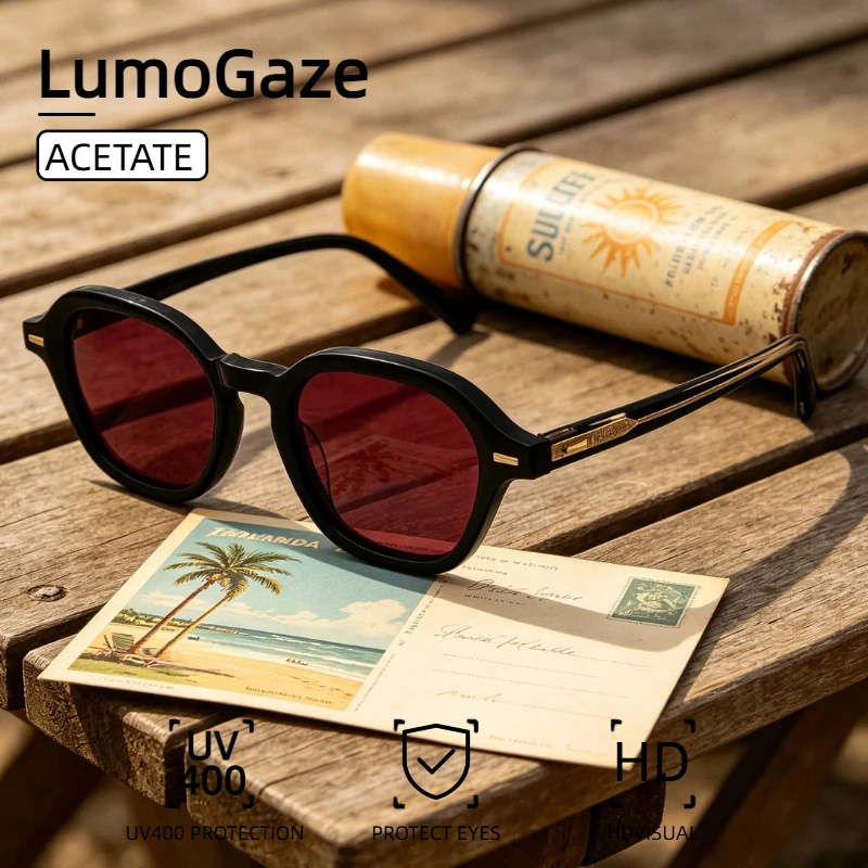 LumoGaze Vintage Luxus-Sonnenbrille mit Nieten-Design, UV400, Markendesigner, Runde Hochwertige Acetat-Sonnenbrille, Lunettes De Soleil