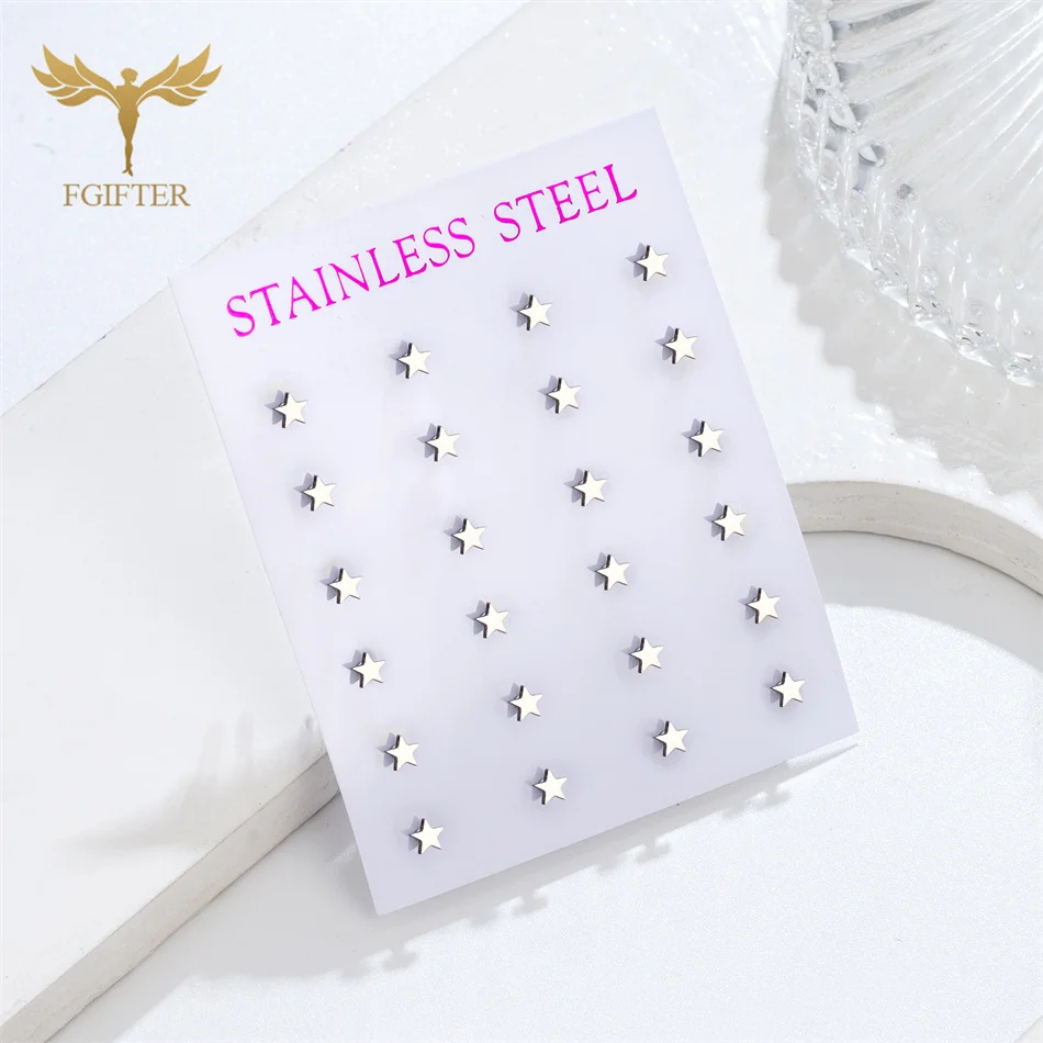 Stainless Steel Stud Earrings Small Star Earrings Set Fashion Jewelry Women Men Accessories Silver Color Gift 12 Pairs silver stud earrings,silver earrings,studded earrings,crystal ear studs,womens earrings