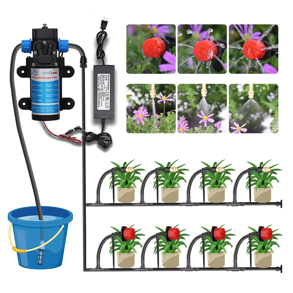 Garden Greenhouse Automatic Misting Cooling Irrigation Kit 45/60/80/100W Self-Priming Pressurize Water Pump Drip Watering System 4