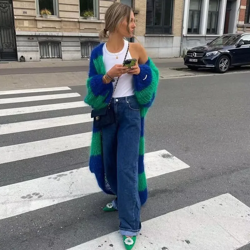 

TRAF Green Cardigan Sweater Women 2023 New Fashion Stripes Long Cardigan Korean Autumn Clothes Loose Long Sleeve Top Female Coat