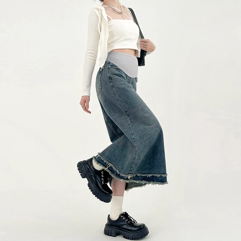 Tassel Denim Maternity Long Skirts Spring Summer Casual Pencil Skirts Clothes for Pregnant Women Pregnancy Straight Daily Wear