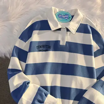 Polo da uomo di grandi dimensioni retrò a righe a contrasto di colore colletto polo maglione da uomo autunno cappotto allentato maniche lunghe bottoni top