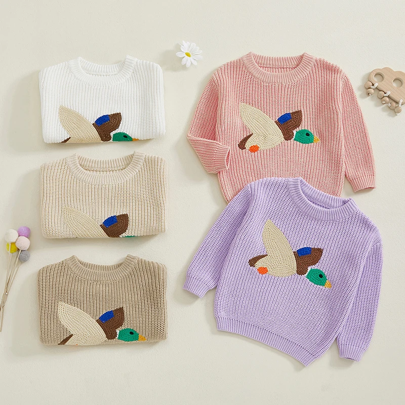 Tregren 0-3Y Newborn Baby Girls Boys Sweaters Casual Duck Embroidery Warm Knitted Pullover Long Sleeves Toddler Infant Knitwear