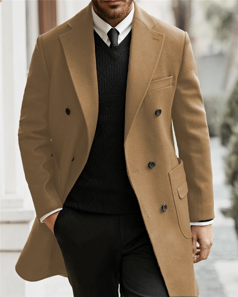 Mens Suit Trench Coat Notched Lapel Double Breasted Long Winter Jacket