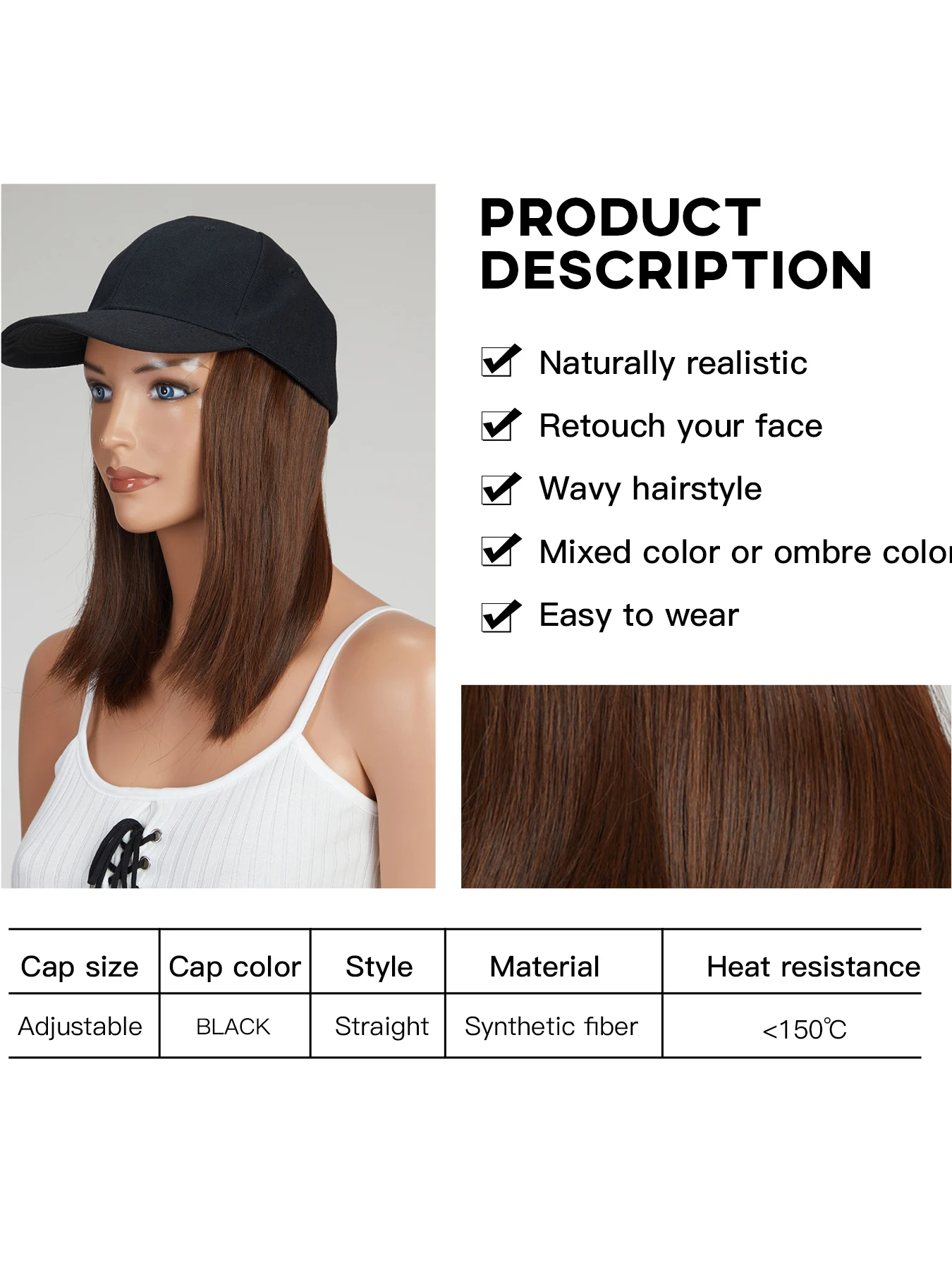 10 Inches Synthetic Straight Hair Extensions With  Black Baseball Cap Wig For Woman Girls Heat-resisting Fiber Casual Daily