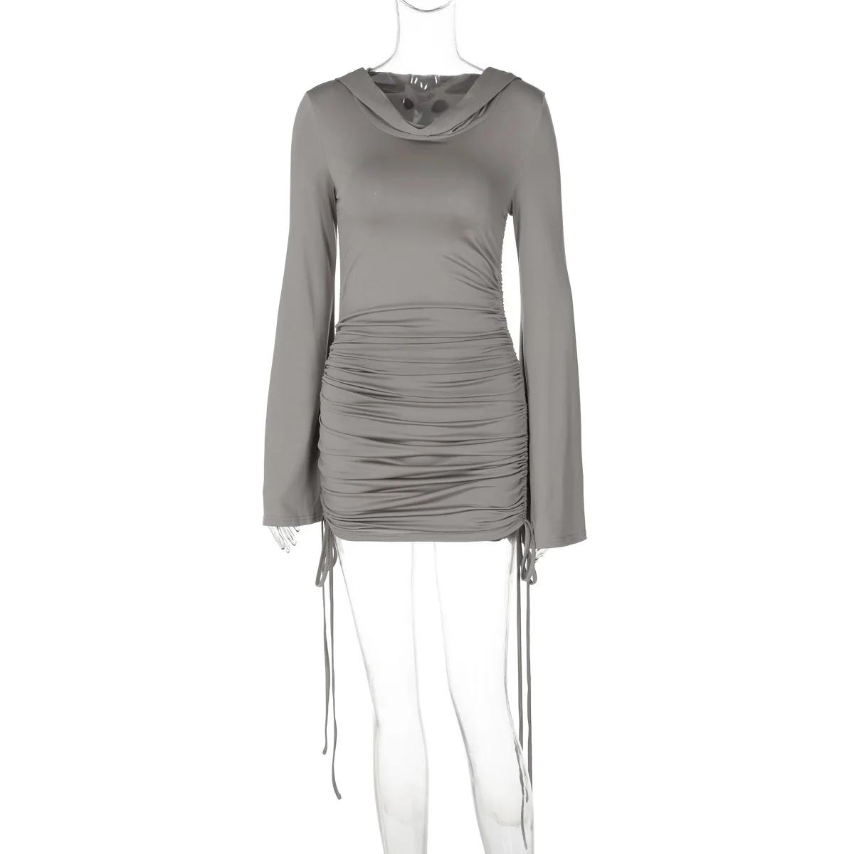 White Sexy Hoodie Mini Dress Women's Pleated Slim Long Sleeve Drawstring High Waist Party Dress Female Solid Autumn Dress