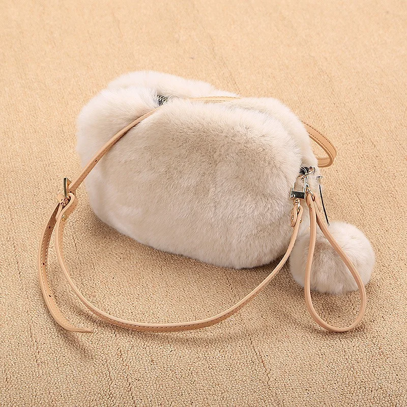 Women\'s Mini Chain Crossbody Fur Bag New Luxury Rex Rabbit Fanny Pack Soft Plush One-shoulder Small Square Bag