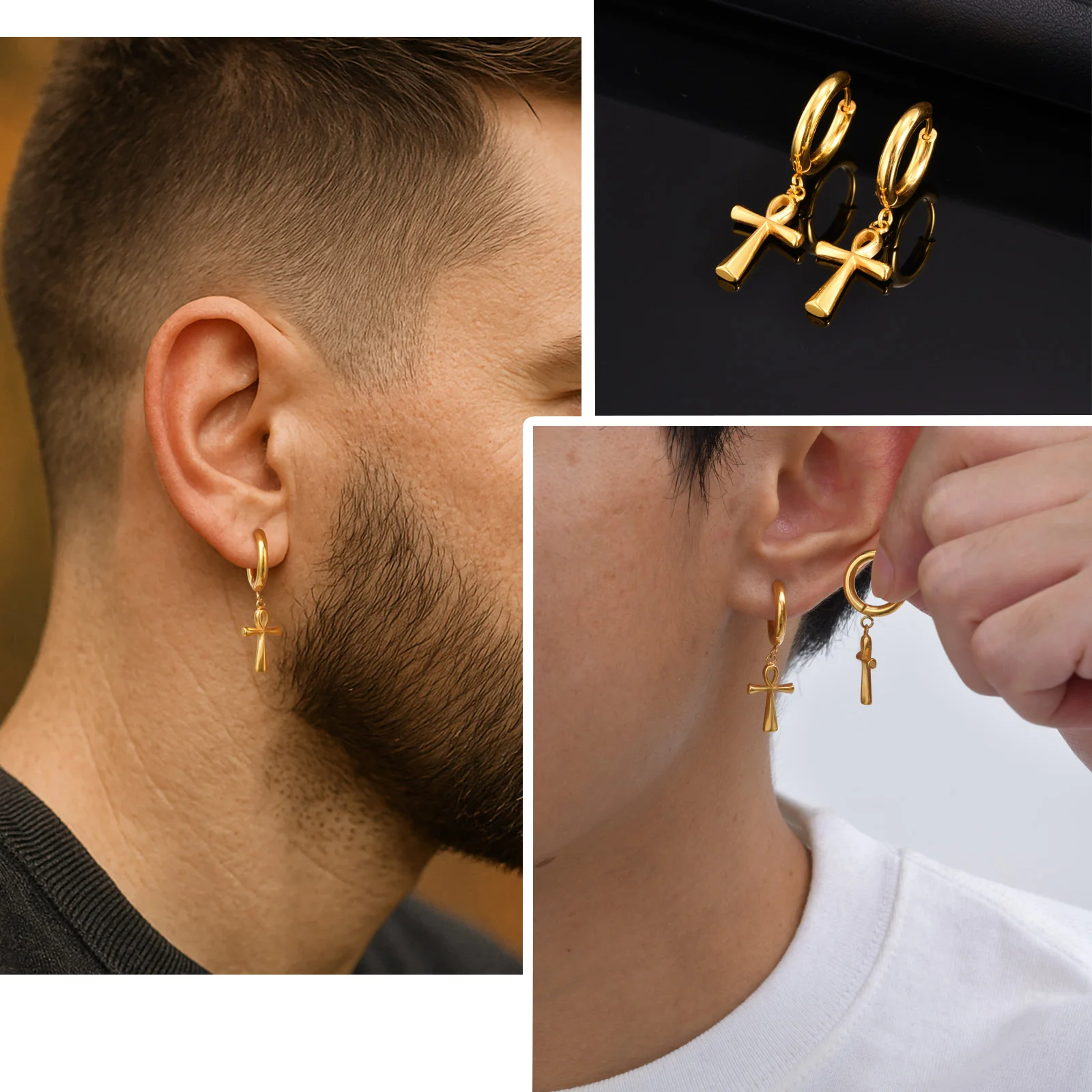 Vnox Punk Ancient Egyptian Ankh Cross Earrings for Men, Stainless