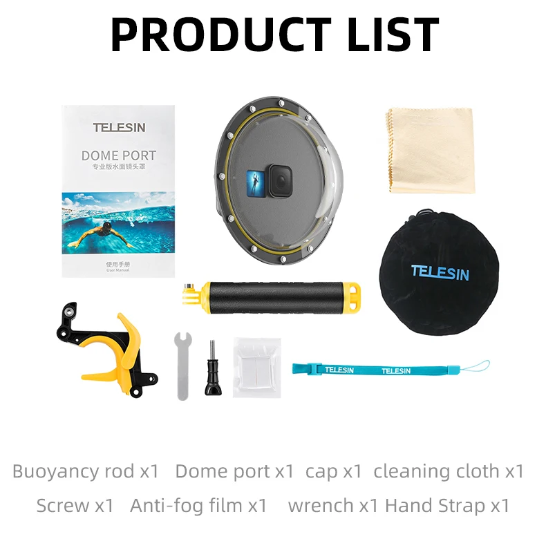 TELESIN 30M Waterproof Dome Port Underwater Housing Case With Floating Handle Tr