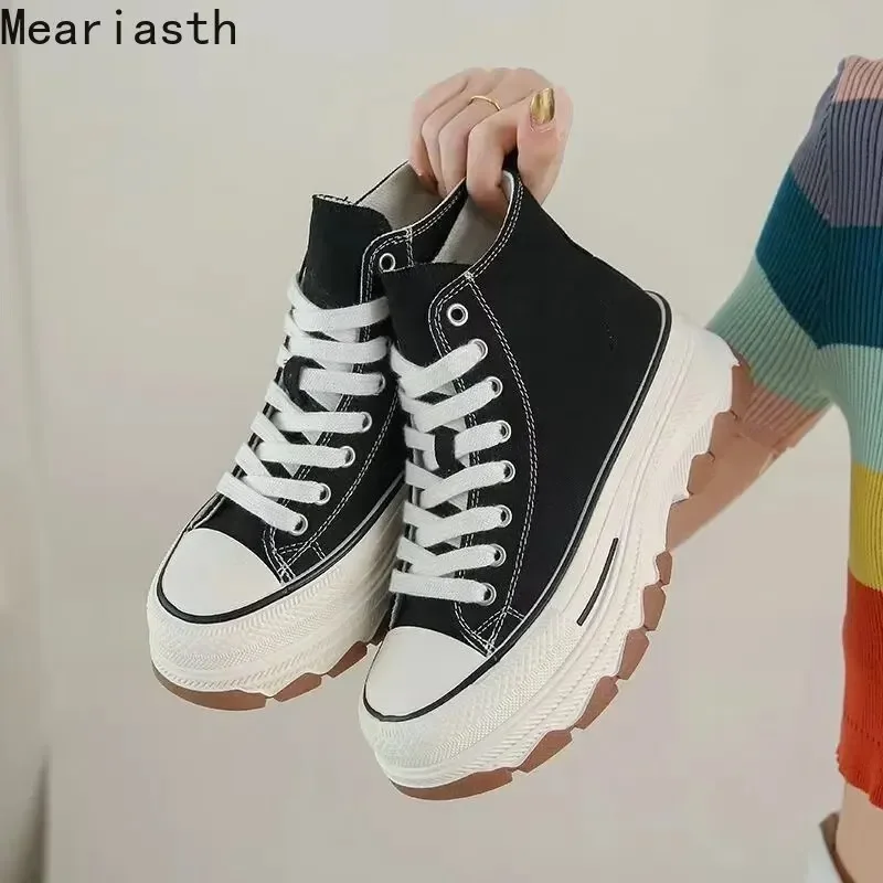 

Women Canvas Shoes High Top Vulcanize Shoes Lace Up Casual Sneakers Plarform Height Increasing Girl Shoes Female Ankle Boots