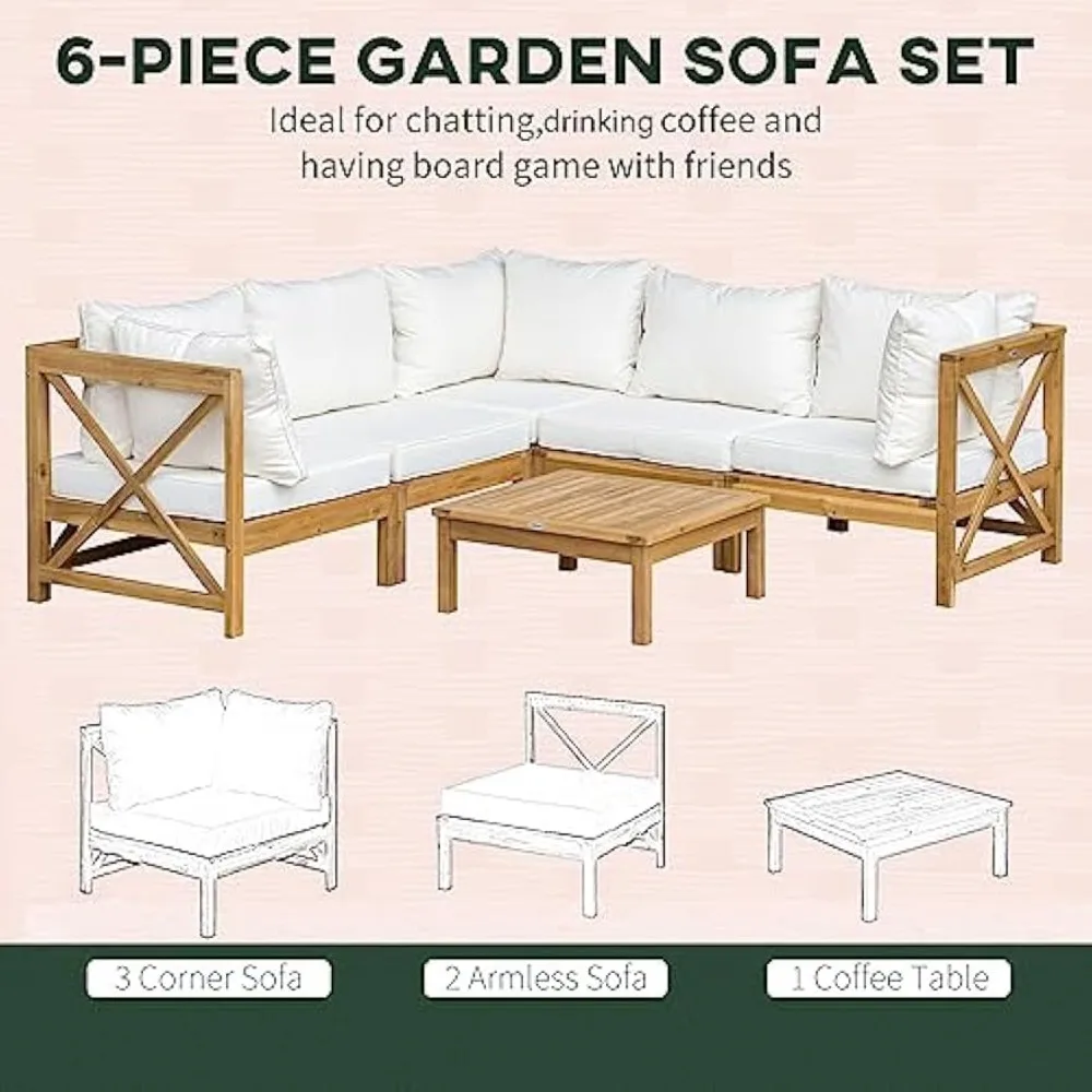 6-piece wooden patio furniture set, outdoor sofa with cushions, coffee table, acacia wood conversation set, cream white