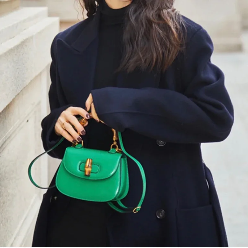 Design Bamboo Handbag Vintage Saddle Bag Luxury Genuine Leather Solid Crossbody Top-Handle Bags Commuter All-match Handbags Wome