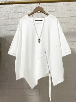 ZANZEA Trendy Chic Women's Oversize T-Shirts Half Sleeve Diagonal Seamed Asymmetrical Hem Zipper Detail Solid Color Tops 230G 1