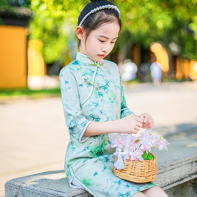 Chinese Traditional Qipao For Girls Green Bamboo Printing Cheongsam For Kids Hanfu One Piece Robe Mandrin Collar Chi-Pao 2024