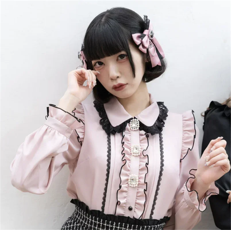 Japanese Style Sweet Cute Lace Doll Collar Shirt Spring Lolita Pearl Rhinestone Buckle Wooden Ear Bubble Long Sleeve Tops