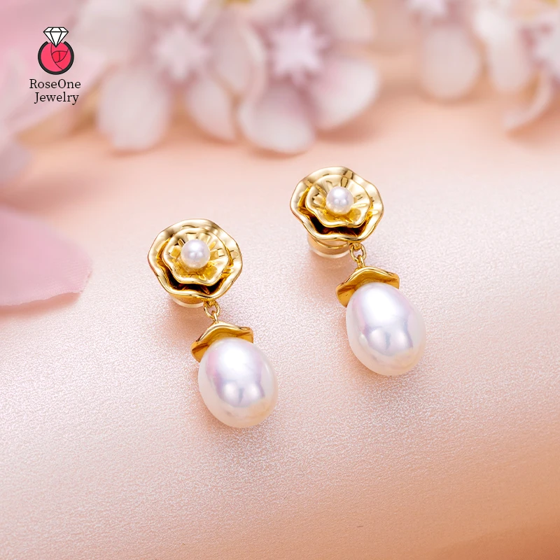 

Freshwater Pearls Flower Dangle Earrings For Women Elegant Advanced Design Gold Color Peach Dlossom Young Girl Party Jewelry