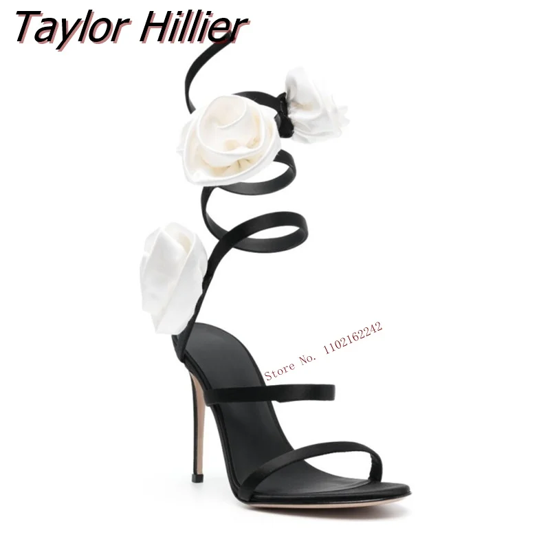 

Imple Flower Winding High-Heeled Sandals Open-Toed White Stiletto Fashion Women'S Shoes Elegant All-Match Dress Dance Shoes