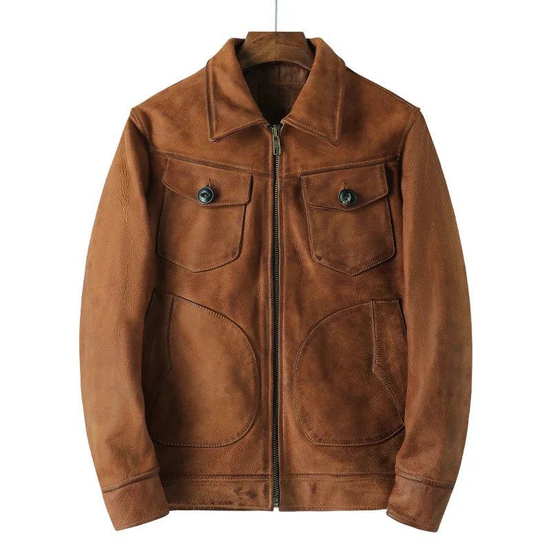 thumbnail image 1 of Chaqueta clásica de cuero color caqui con solapa para hombre, de primera capa, de piel de vaca, estilo retro, marrón, corta, para motorista, 1 of 4