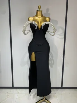 Women Luxury Designer Pearls V Neck Maxi Long Bandage Bodycon Dress Celebrity Evening Party Birthday Gowns Singer Stage Costumes 1