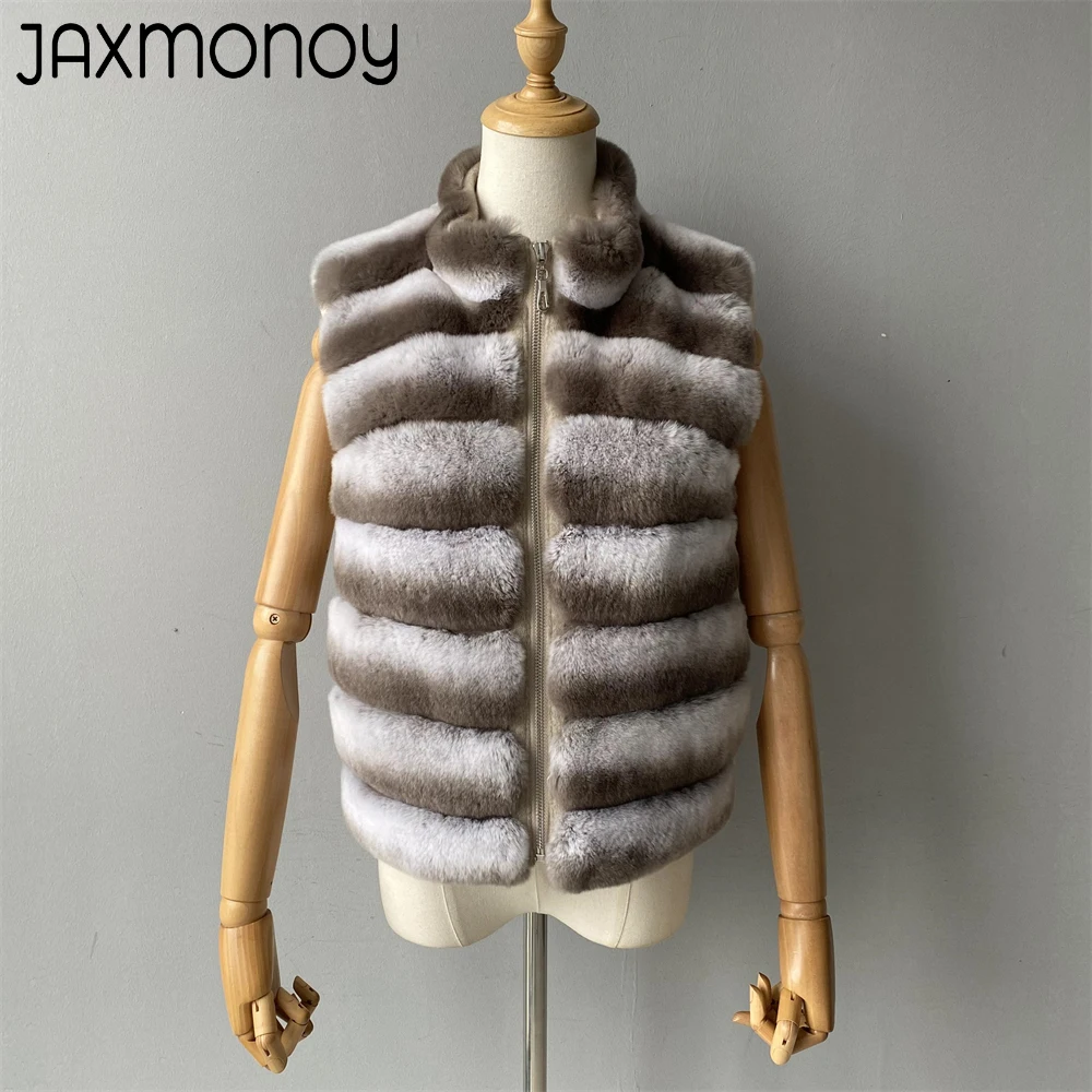 Jaxmonoy Natural Rabbit Fur Coat for Women Winter Real Rex Rabbit Fur Vest Ladies Fashion Patchwork Wool Blend Waistcoat Fall