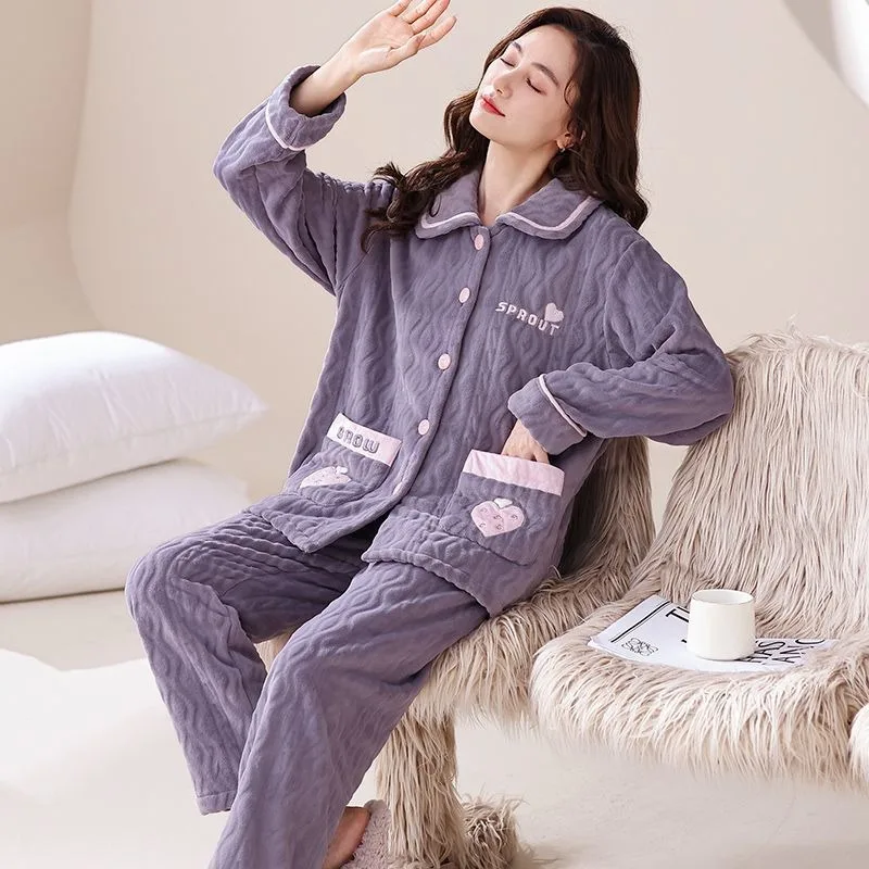 2024 New Women Pajamas Flannel Fleece-lined Thickened Loungewear Autumn Winter Female Lapels Large Size Warm Nightclothes Suit