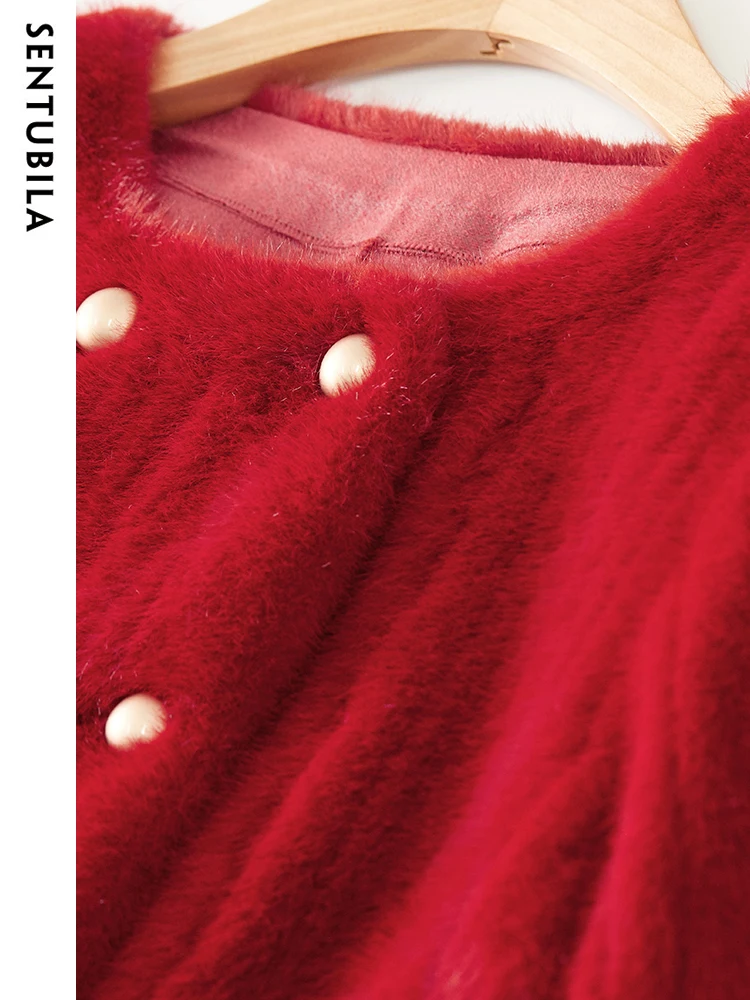 SENTUBILA Women's Imitation Rabbit Fleece Jacket 2023 Autumn Winter Elegant Crew Neck Double-breasted Plush Short Coat W34W50108