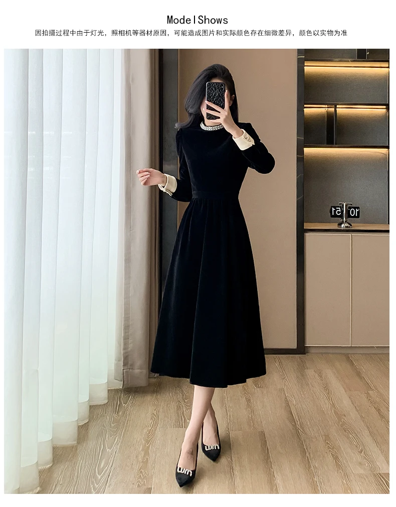 Mujer Primavera Verano Nuevo Elegante Terciopelo Patchwork Midi A Line Vestidos Oficina Dama Manga Larga Fiesta Moda Una Pieza Bata