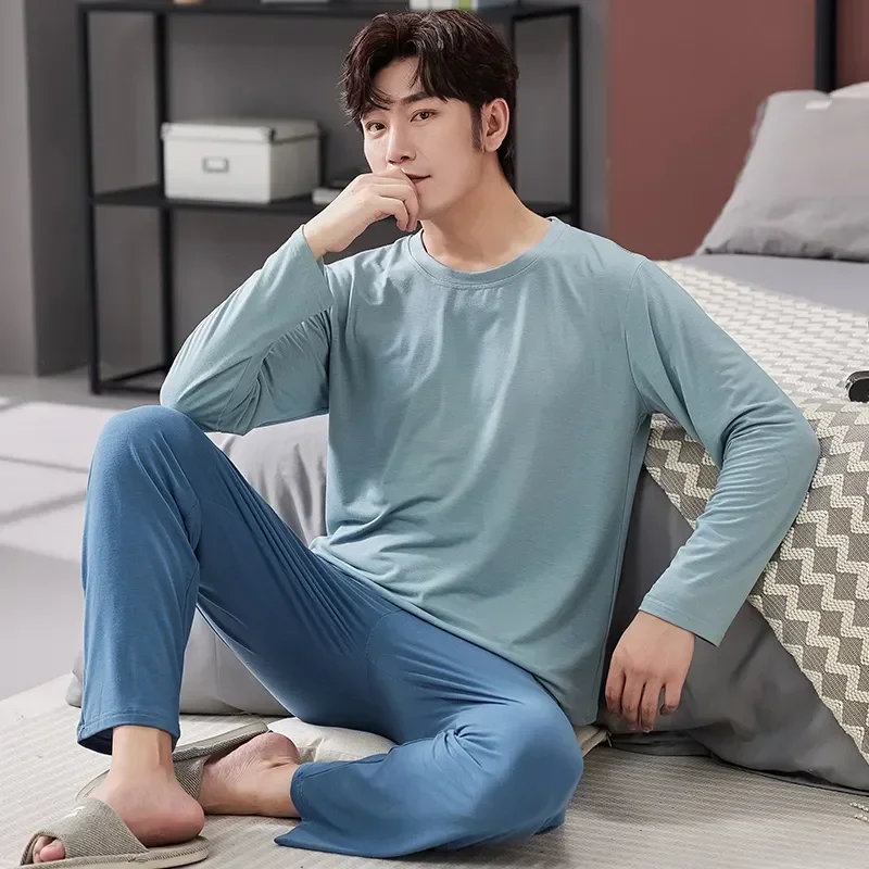 

Soft Set Males Modal Long Pants Pajamas + Pajama Sleeve Men Spring Sleepwear Tops Autumn For Homewear O-neck Sleepshirts