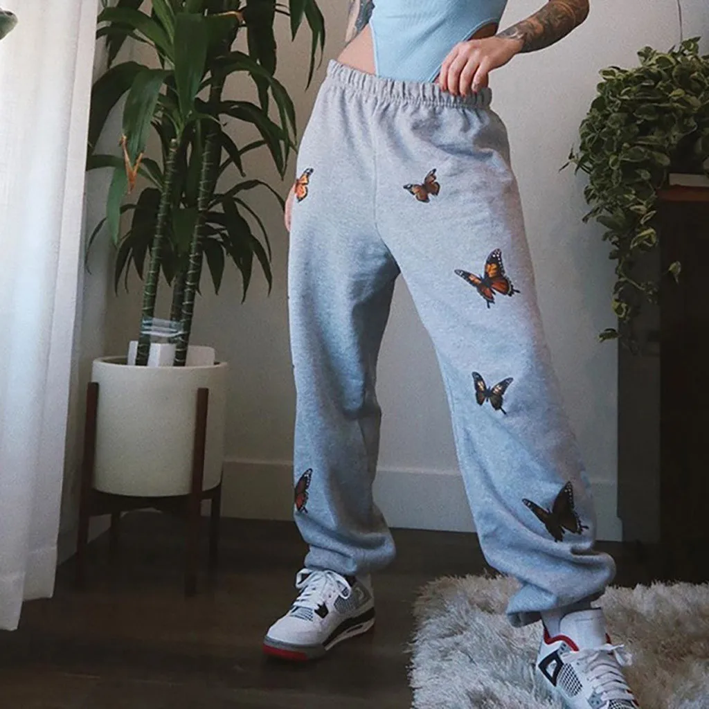 Women Fashion Butterfly Printed Pants High Waist Sports Running Cargo Pants Casual Streetwear Trousers Grey Sweatpant Long Pants