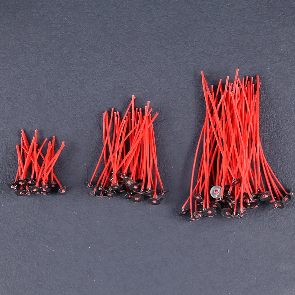 Candle Wicks 100Pcs Smokeless Red Candle Wicks Pre-Waxed Ghee Cotton Core Wicks with Metal Sustainer Tabs DIY Handmade Candle Making Tools