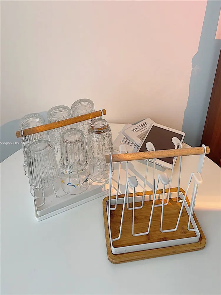 White Metal Water Cup Holder Drain Rack with Tray Home Kitchen Bar Water Cup Storage Wrought Iron Holder